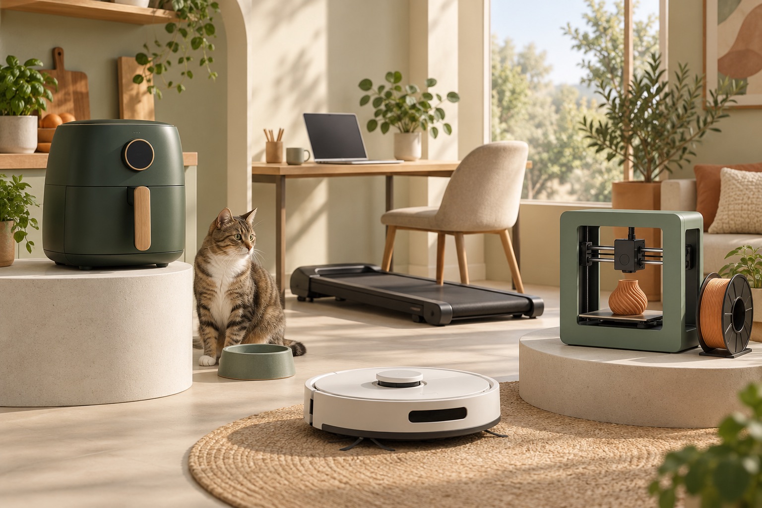 KI-generiertes Themenbild: Einrichtungsraum mit allgemeinen Geräten für Haushalt, Küche, Homeoffice und 3D-Druck sowie einer Katze. Keine Abbildung konkreter Produktmodelle.