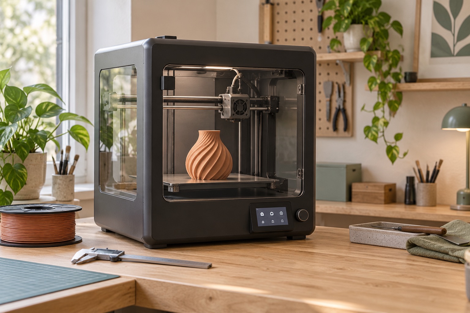 Allgemeiner 3D-Drucker in einer kleinen Werkstatt — KI-generiertes Symbolbild
