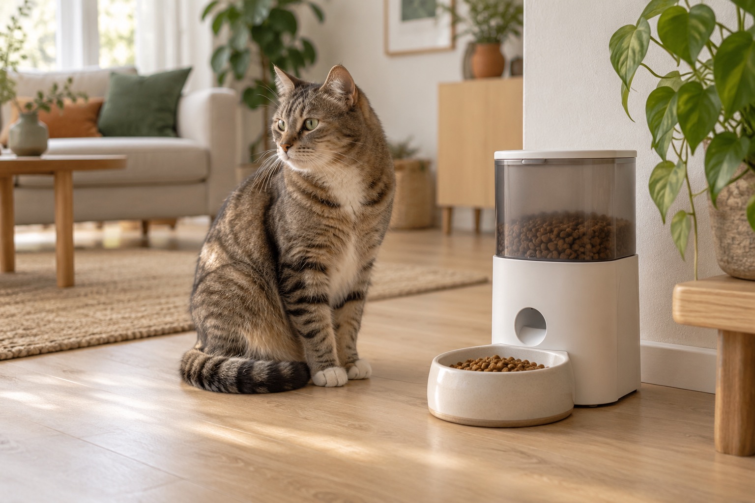 Katze neben einem allgemeinen Futterautomaten — KI-generiertes Symbolbild